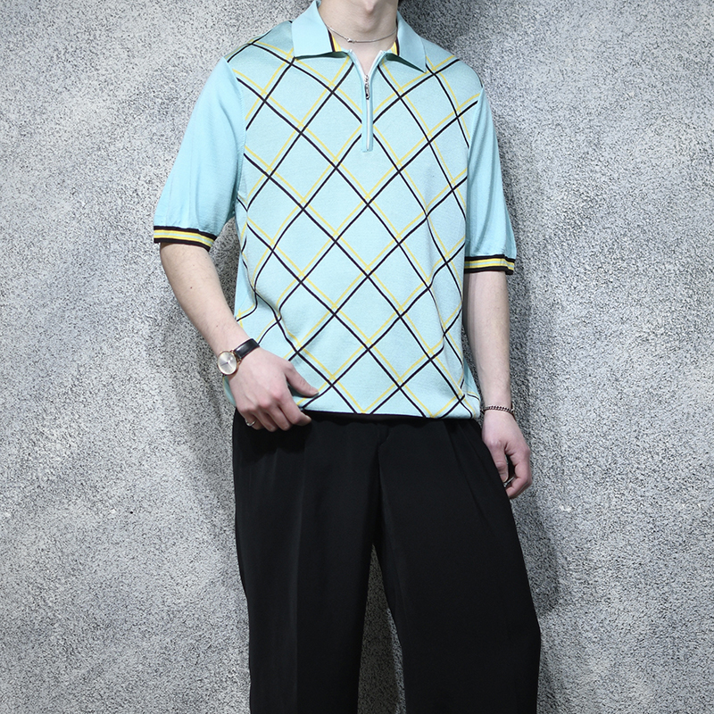 Argyle pattern half zip knit polo