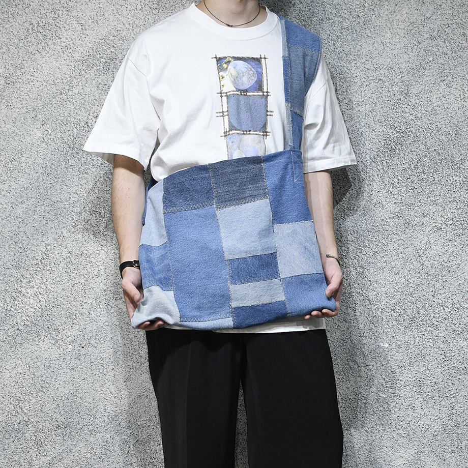 kroneko original denim patch work shoulder bag