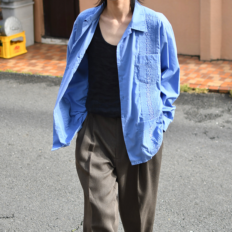 embroidery design long sleeve cuba shirt blue